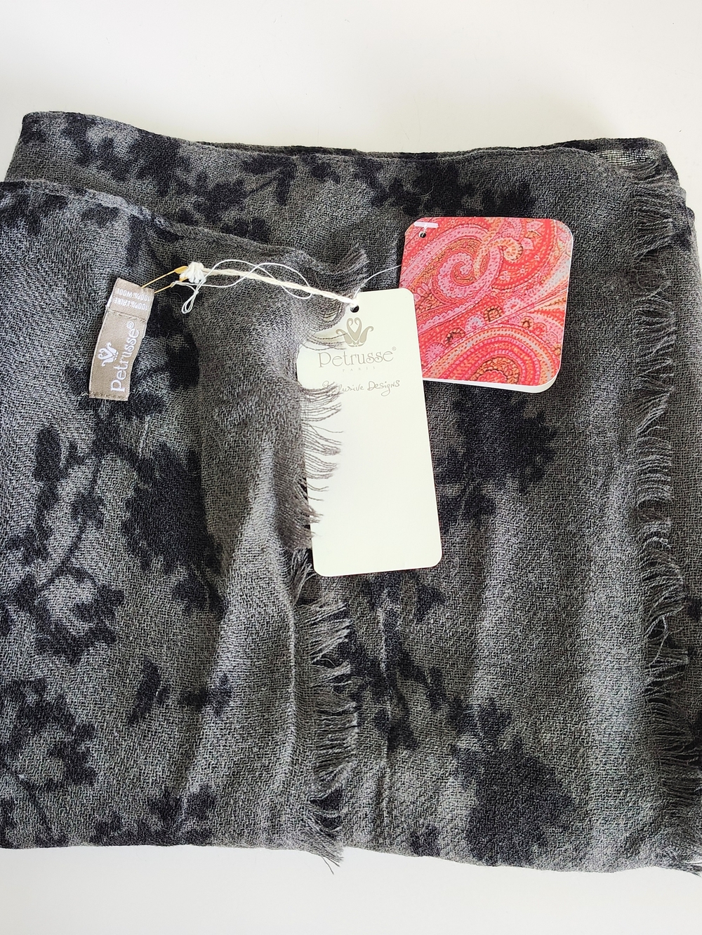 Petrusse Light Wool Scarf Gray Black Fringe Made in France New with Tags